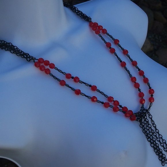 Handmade Double Strand Goth Beaded Necklace with Black Chains and Red Beads - Picture 1 of 16